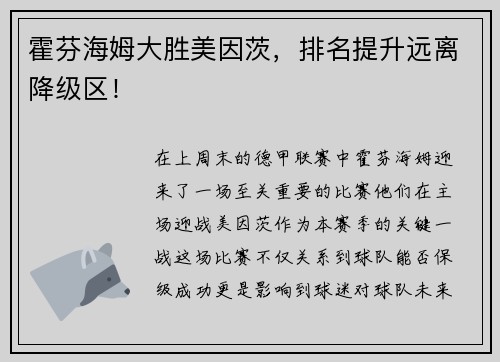 霍芬海姆大胜美因茨,排名提升远离降级区!