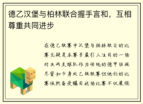 德乙汉堡与柏林联合握手言和,互相尊重共同进步