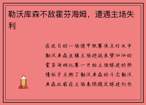 勒沃库森不敌霍芬海姆,遭遇主场失利