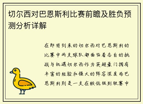 切尔西对巴恩斯利比赛前瞻及胜负预测分析详解