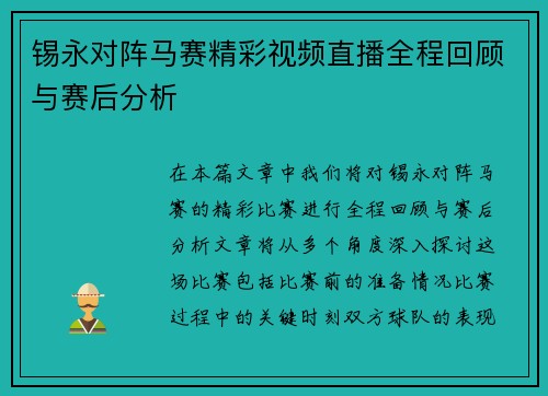 锡永对阵马赛精彩视频直播全程回顾与赛后分析