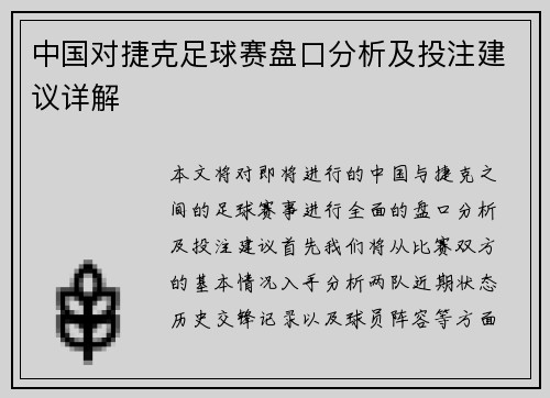 中国对捷克足球赛盘口分析及投注建议详解
