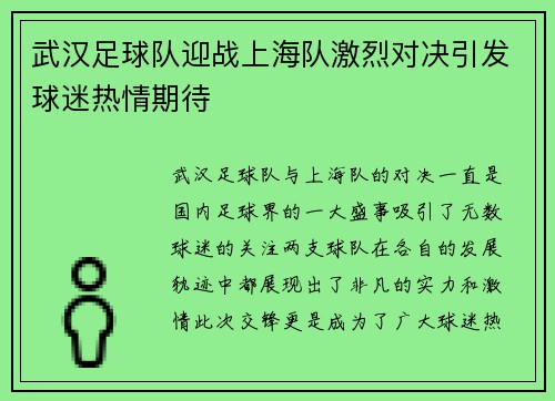 武汉足球队迎战上海队激烈对决引发球迷热情期待