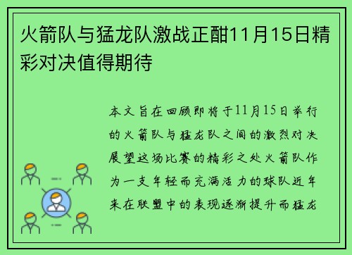 火箭队与猛龙队激战正酣11月15日精彩对决值得期待