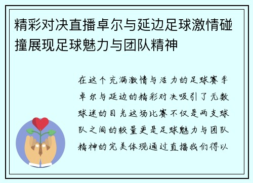 精彩对决直播卓尔与延边足球激情碰撞展现足球魅力与团队精神