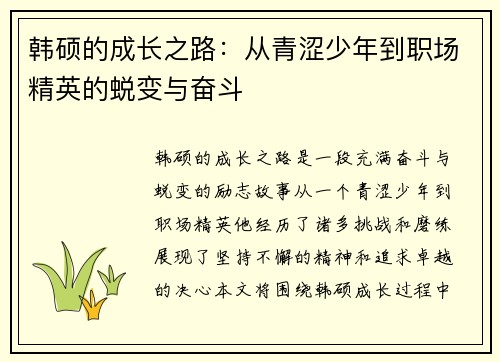 韩硕的成长之路:从青涩少年到职场精英的蜕变与奋斗