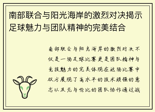 南部联合与阳光海岸的激烈对决揭示足球魅力与团队精神的完美结合