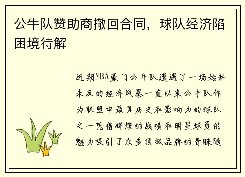 公牛队赞助商撤回合同，球队经济陷困境待解