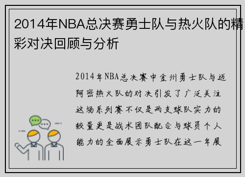 2014年NBA总决赛勇士队与热火队的精彩对决回顾与分析