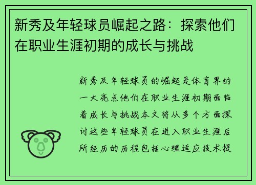 新秀及年轻球员崛起之路：探索他们在职业生涯初期的成长与挑战